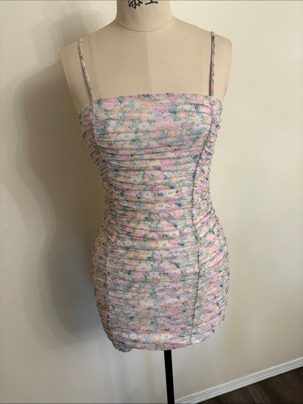 Floral Ruched Mini Dress in Pastel Pink